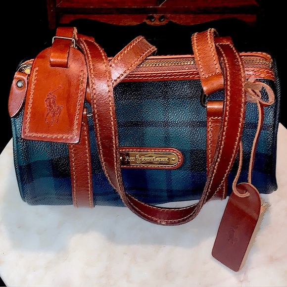 POLO RALPH LAUREN MINI CYLINDER DUFFLE BAG GREEN TARTAN VINTAGE 1990s